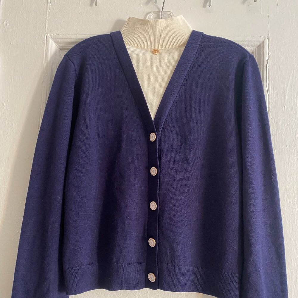 Noir Noir Navy Wool Cardigan with Built-in Cream Mock Neck. Reverse Button Back. - Picture 3 of 14